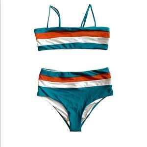 Mid Waist Striped Print Bikini Set Size Medium, Green, orange, white
